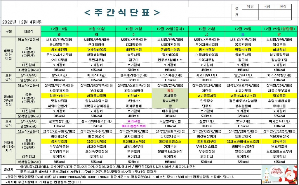 2022년 12월 4째주 식단표