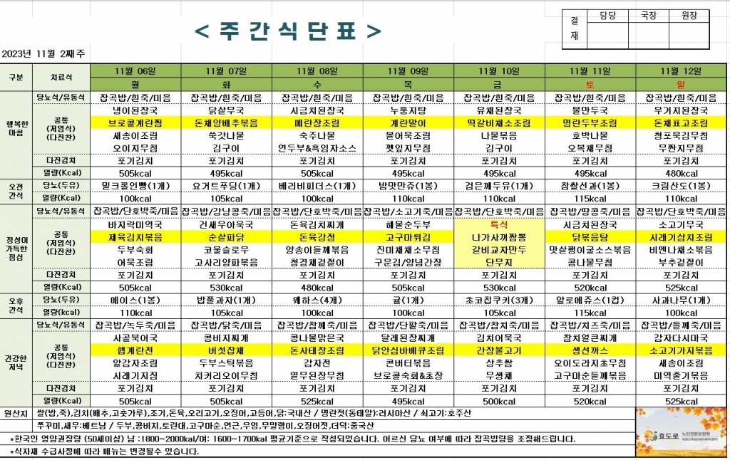 2023년 11월 2째주 식단표