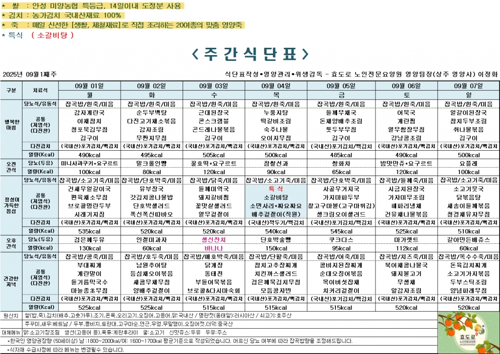2025년 9월 1째주 식단표