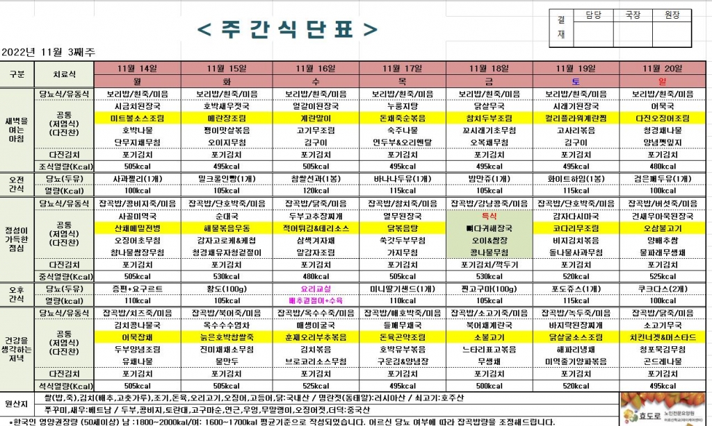 2022년 11월 3째주 식단표
