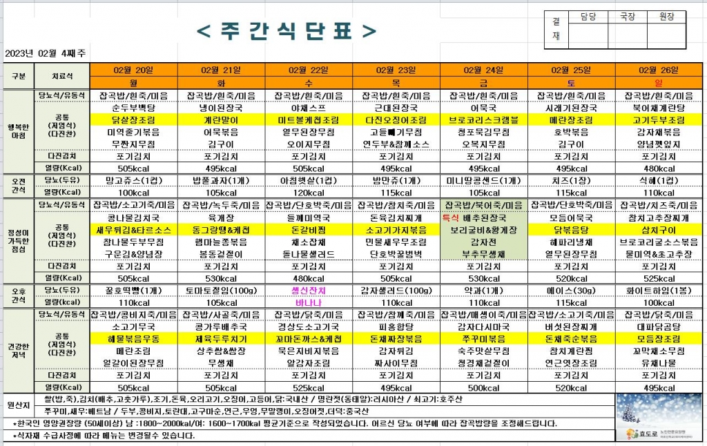 2023년 2월 4째주 식단표