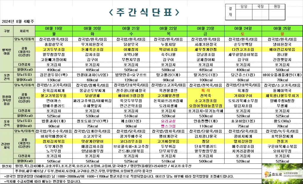 2024년 8월 4째주 식단표