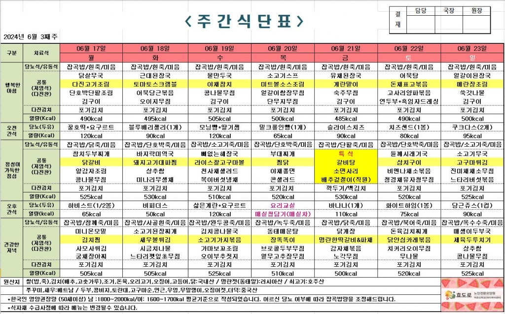 2024년 6월 3째주 식단표