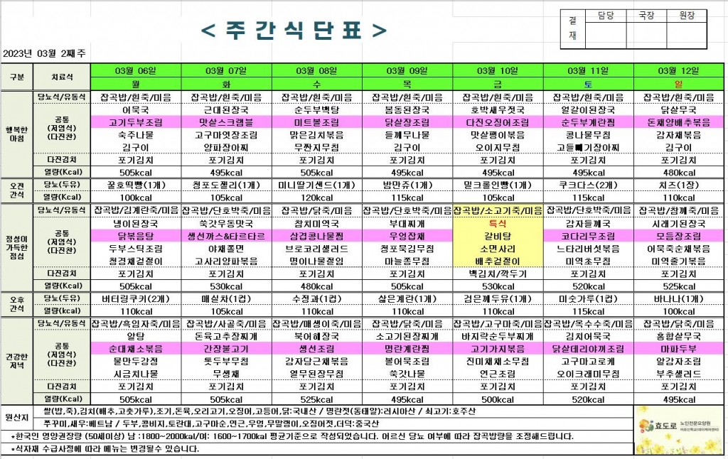 2023년 3월 2째주 식단표