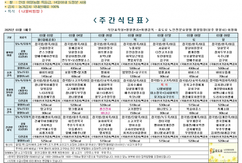 2025년 3월 1째주 식단표