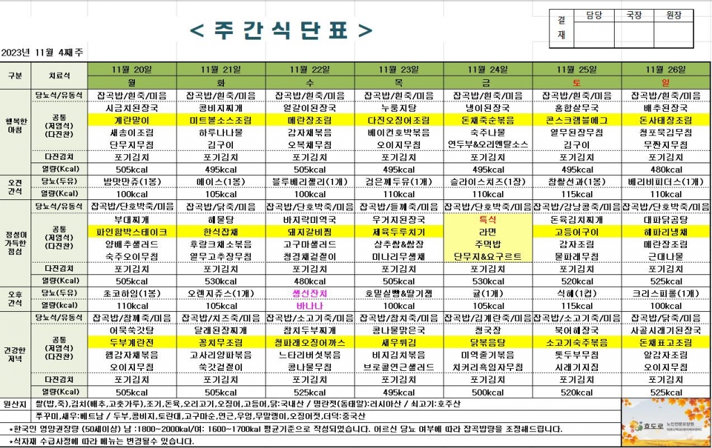 2023년 11월 4째주 식단표