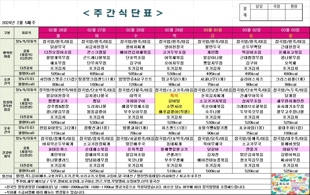 2024년 2월 5째주 식단표