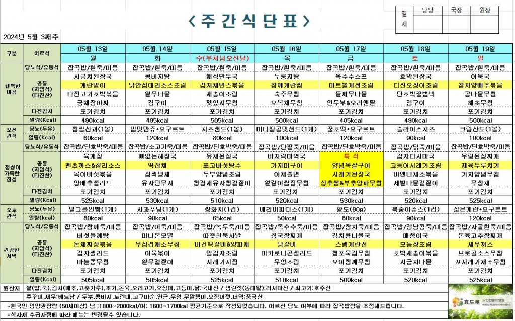 2024년 5월 3째주 식단표