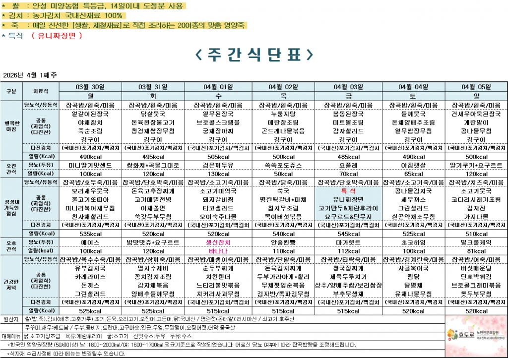 2026년 4월 1주차 식단표