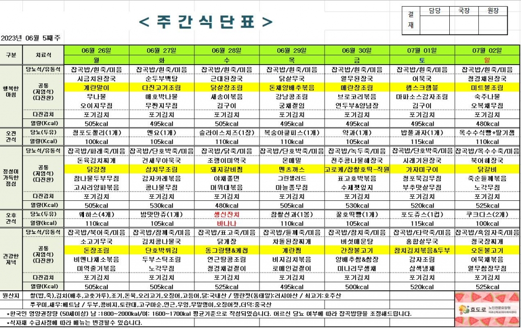 2023년 6월 5째주 식단표