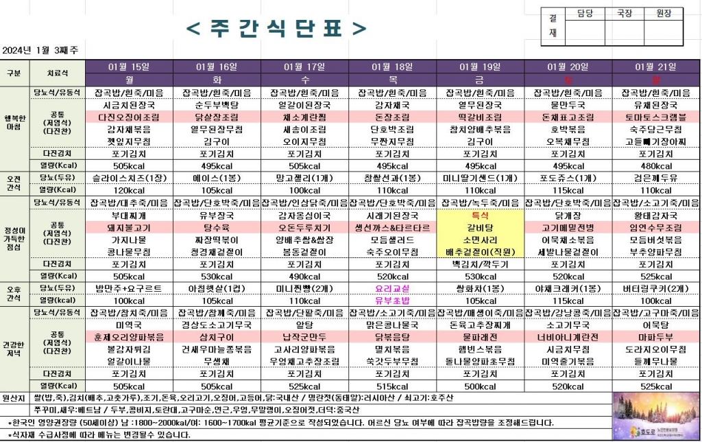 2024년 1월 3째주 식단표