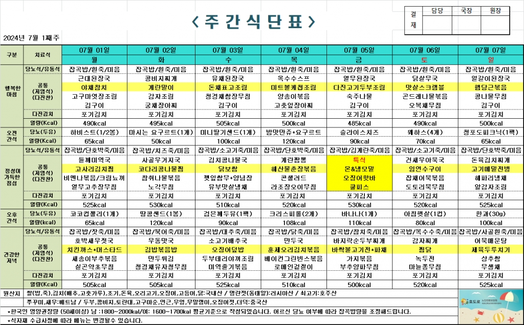 2024년 7월 1째주 식단표