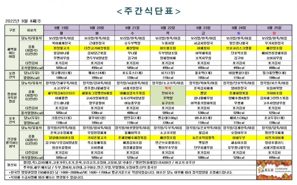 2022년 9월 4째주 식단표