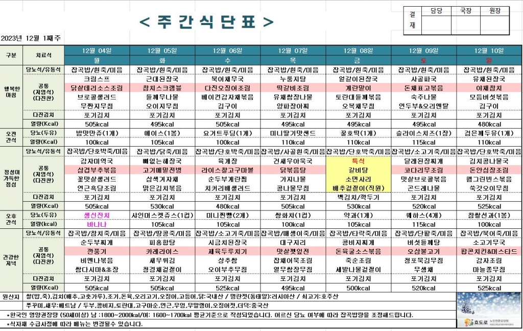 2023년 12월 1째주 식단표