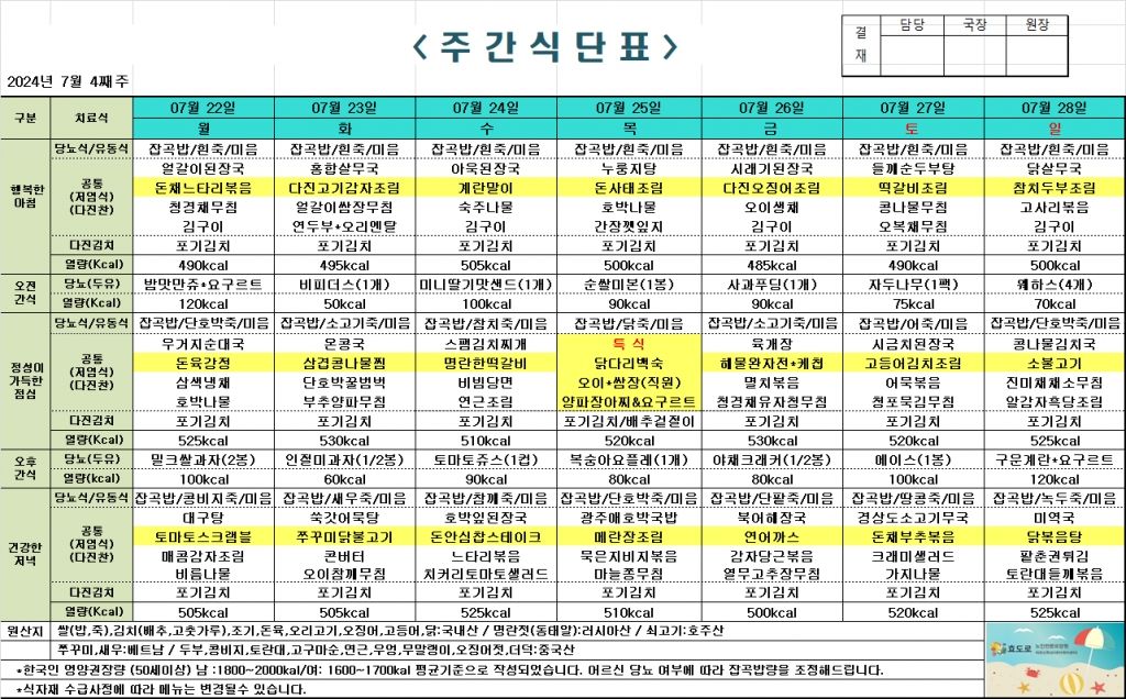 2024년 7월 4째주 식단표