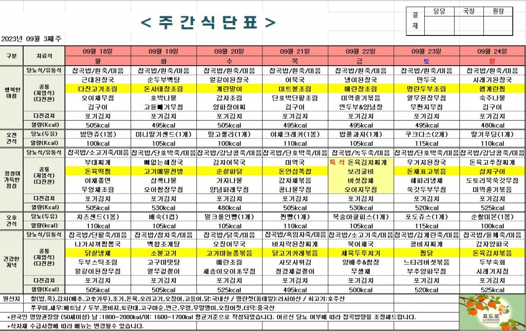 2023년 9월 3째주 식단표