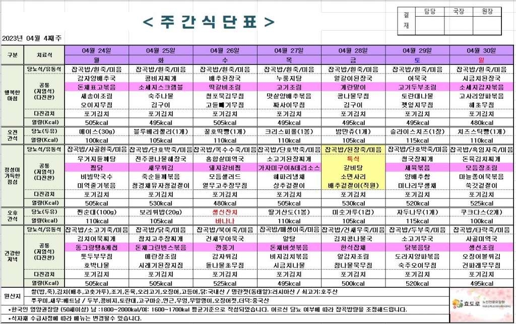 2023년 4월 4째주 식단표