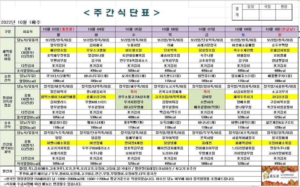 2022년 10월 1째주 식단표