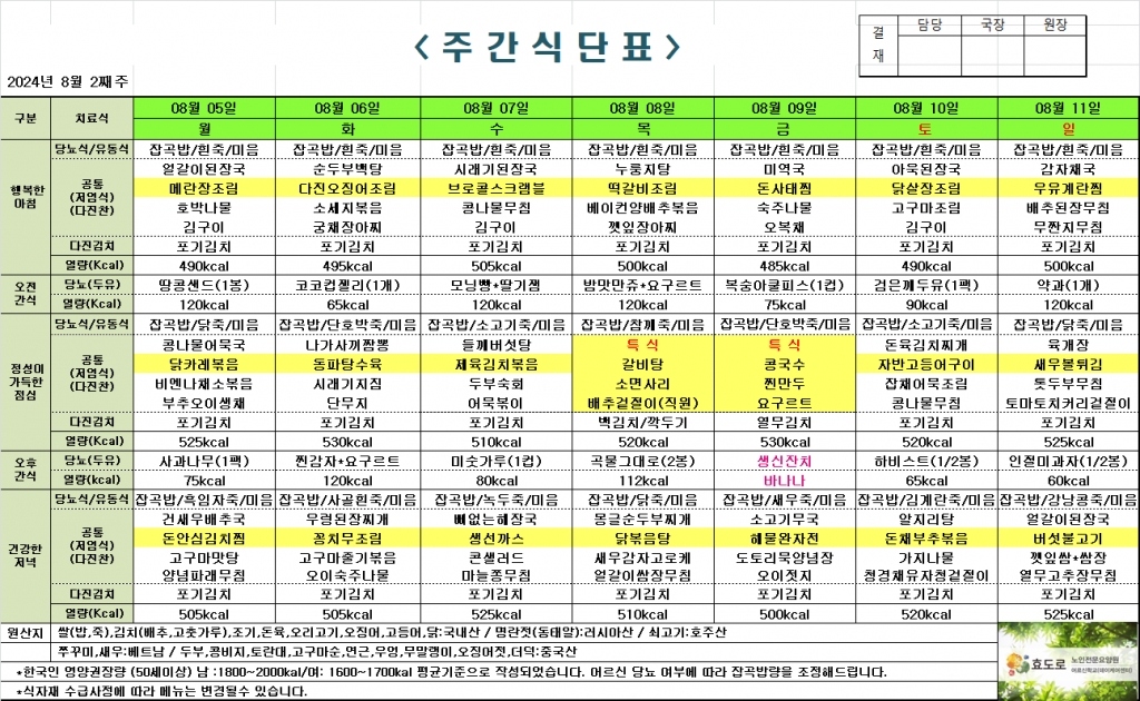 2024년 8월 2째주 식단표