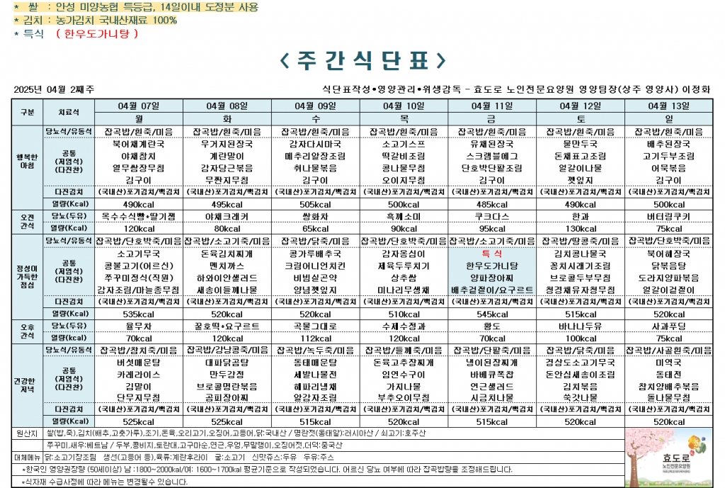 2025년 4월 2째주 식단표