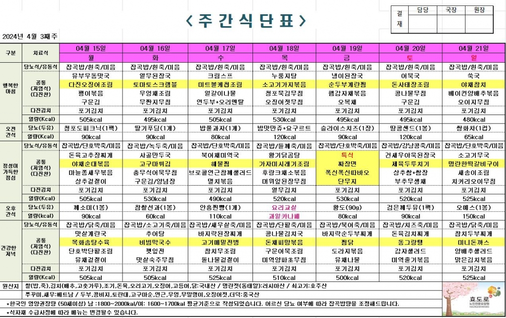 2024년 4월 3째주 식단표