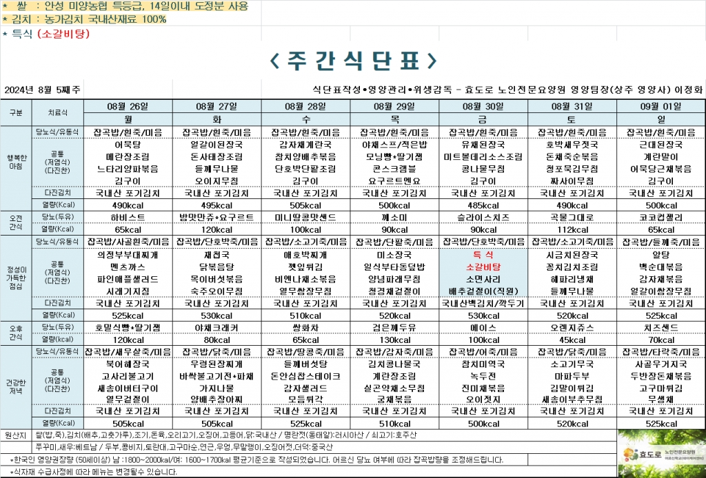 2024년 8월 5째주 식단표