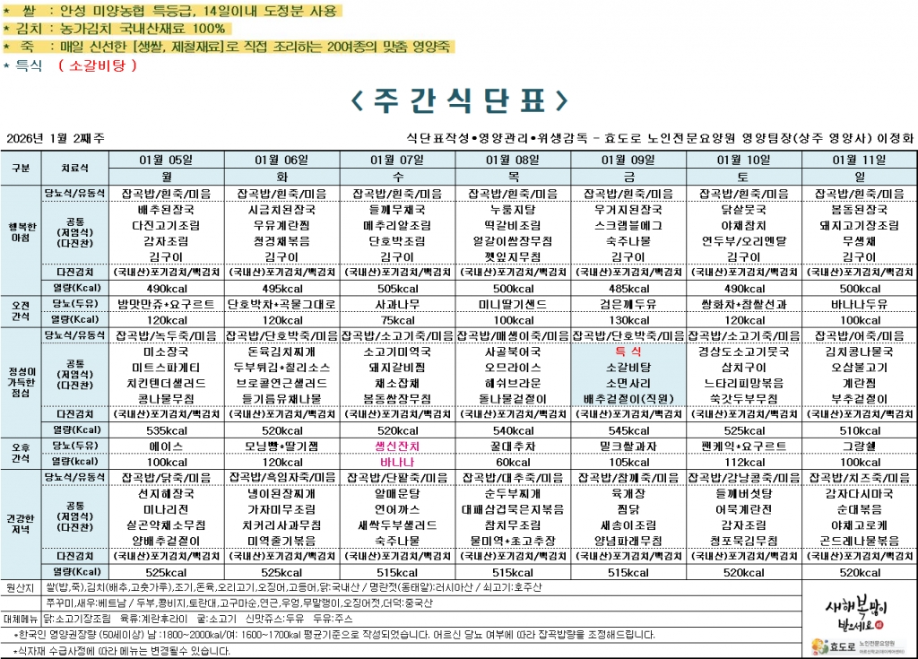 2026년 1월 2주차 식단표