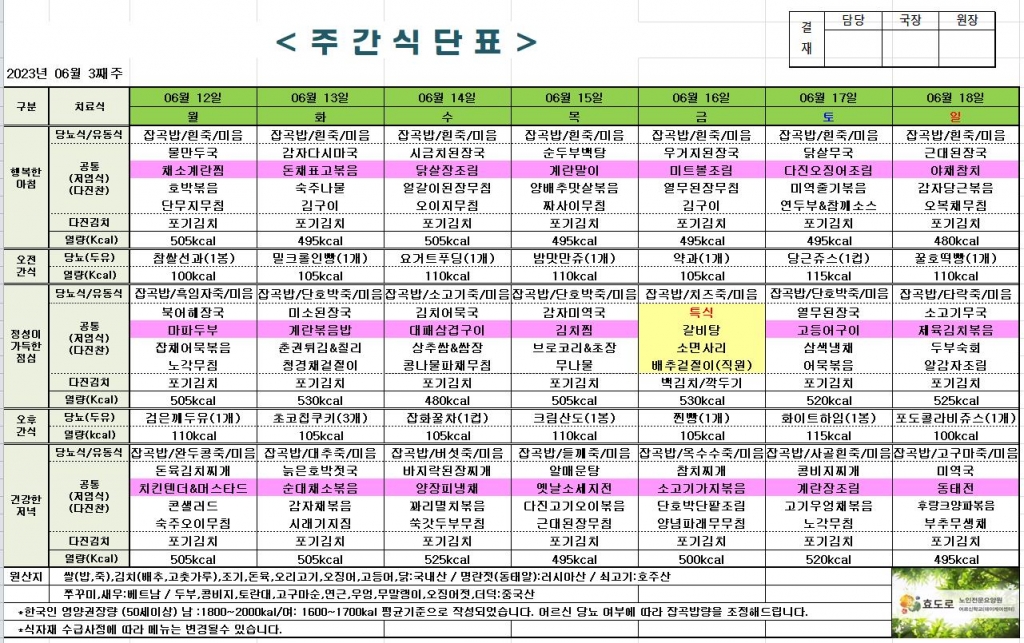 2023년 6월 3째주 식단표
