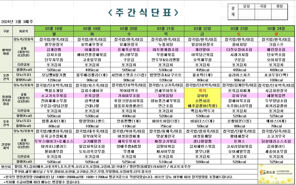 2024년 3월 3째주 식단표