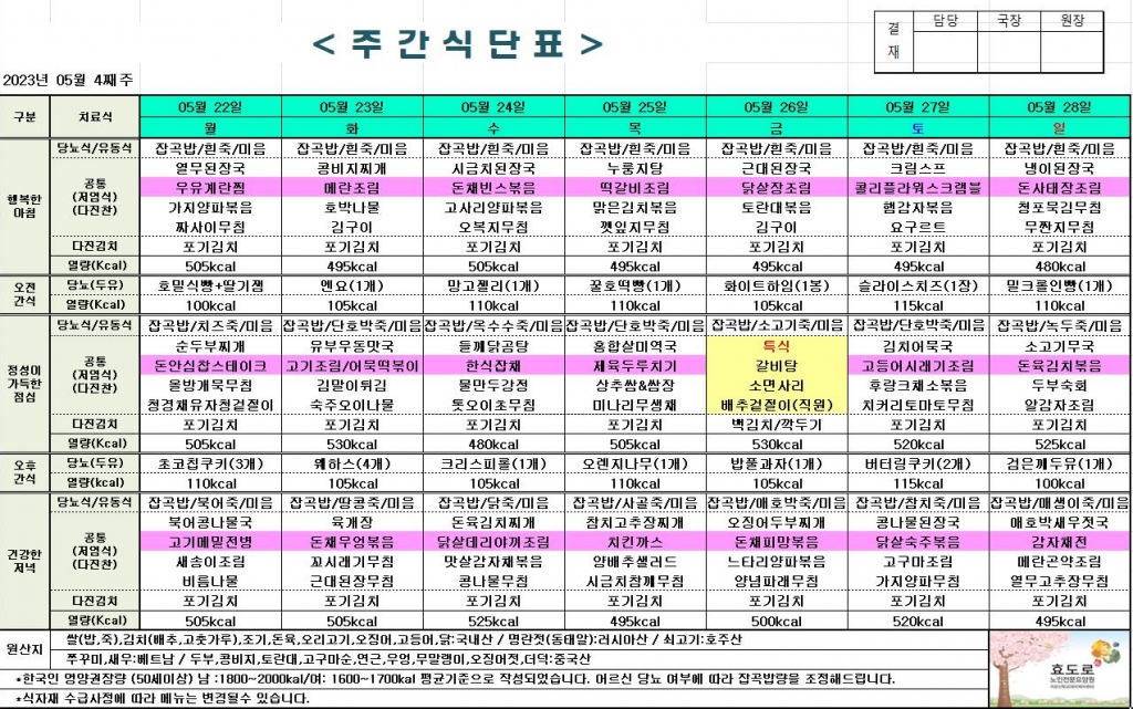 2023년 5월 4째주 식단표