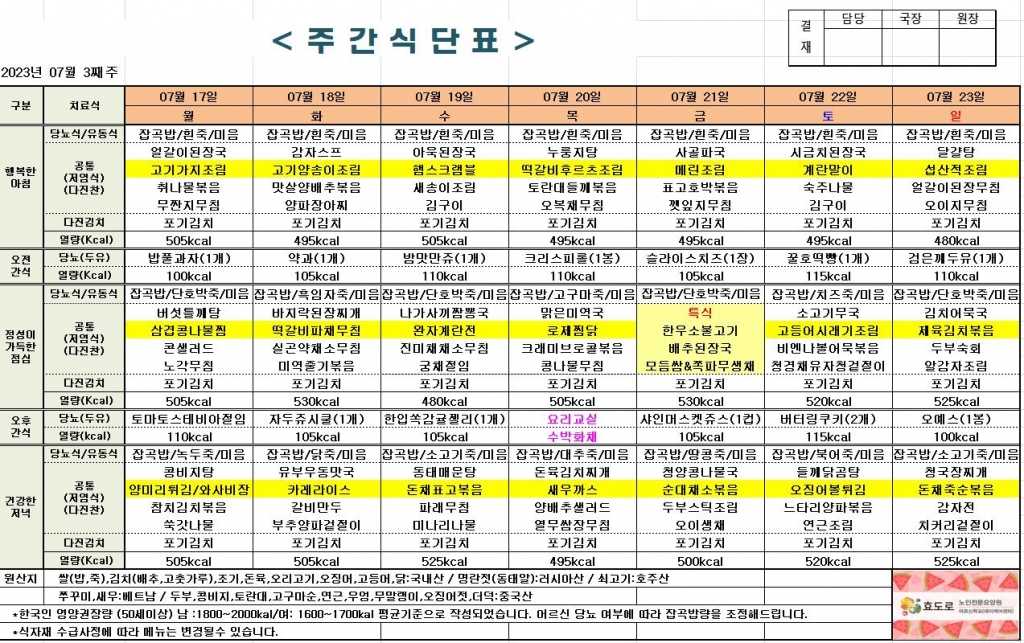 2023년 7월 3째주 식단표