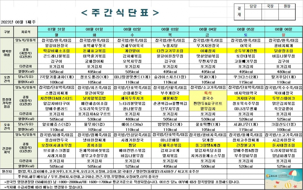 2023년 8월 1째주 식단표