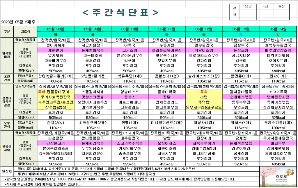 2023년 5월 2째주 식단표