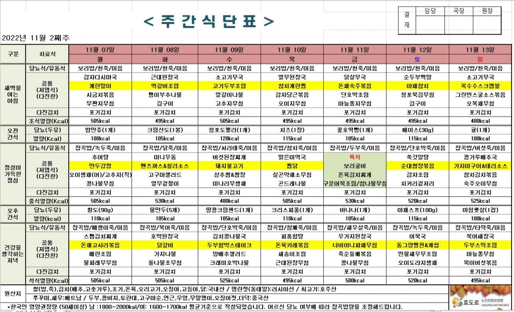 2022년 11월 2째주 식단표