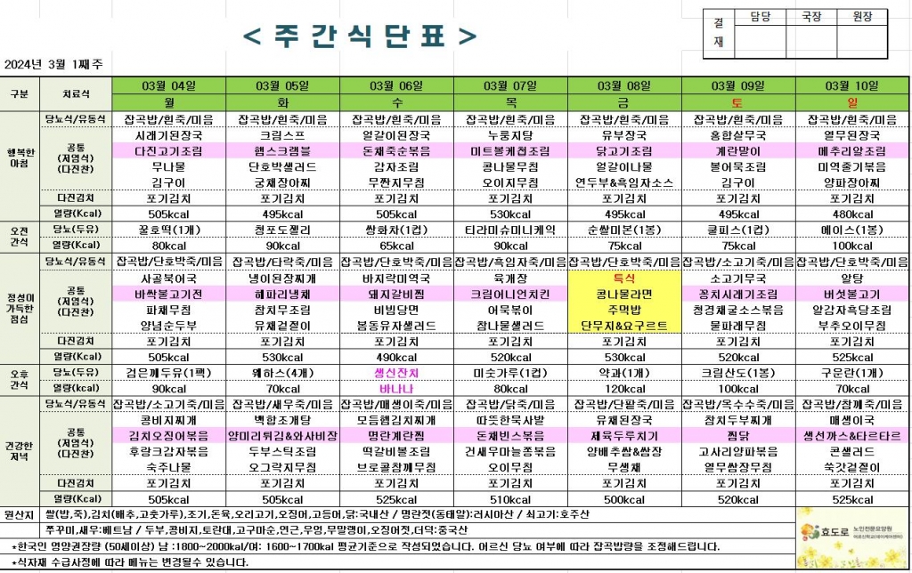 2024년 3월 1째주 식단표