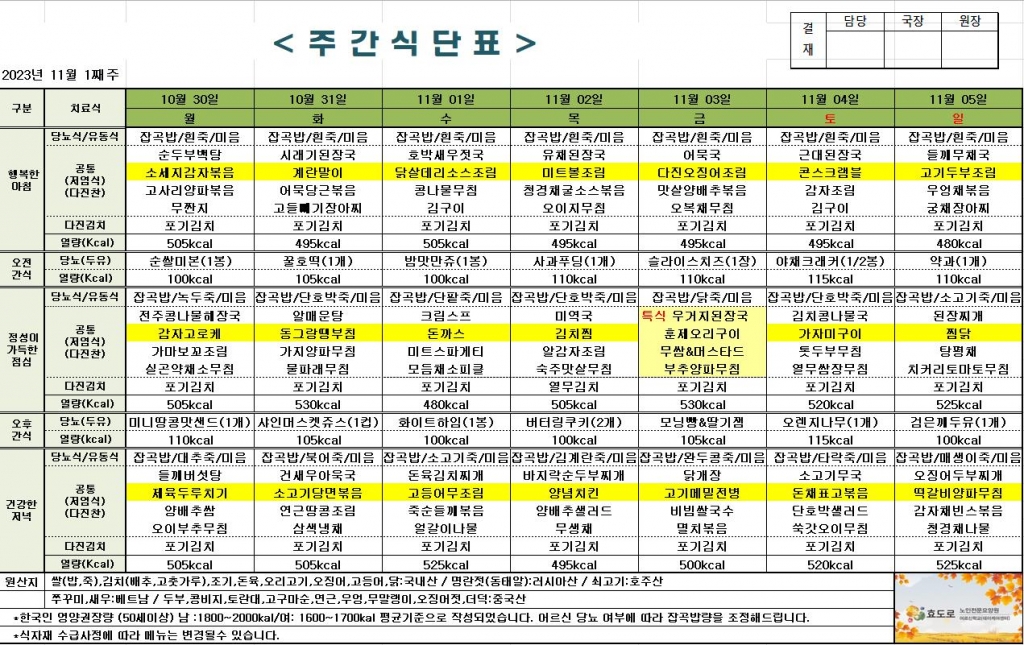 2023년 11월 1째주 식단표