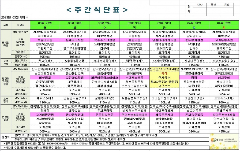 2023년 3월 5째주 식단표