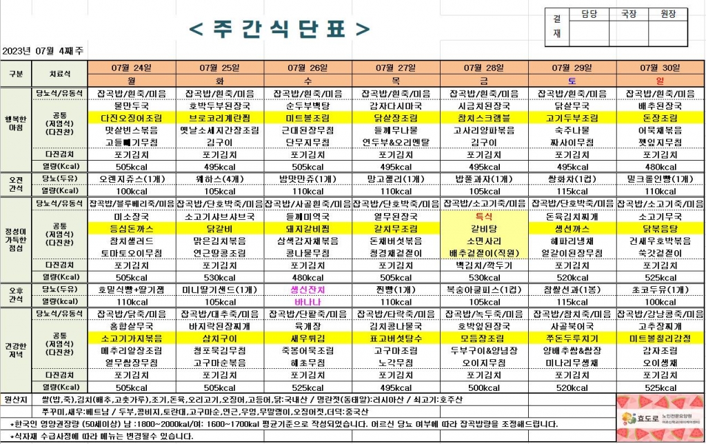 2023년 7월 4째주 식단표