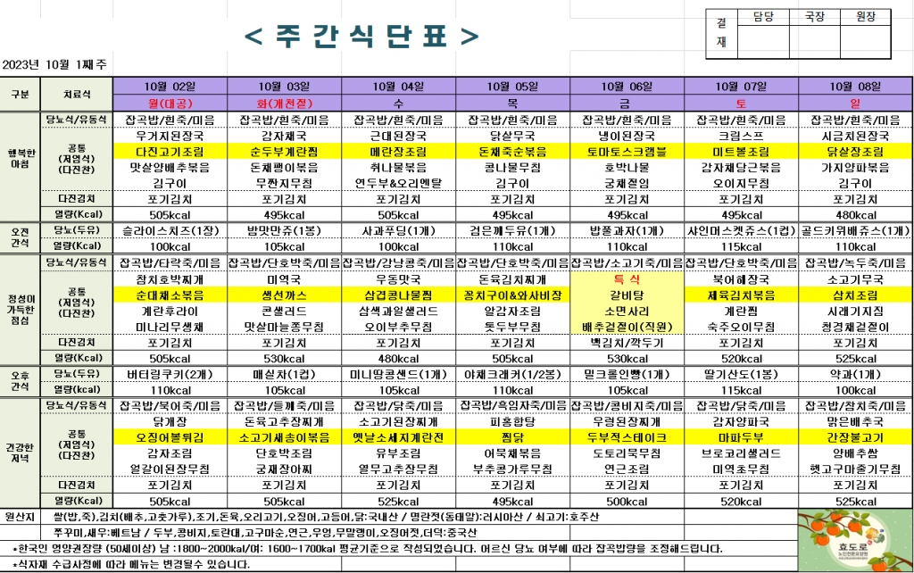 2023년 10월 1째주 식단표
