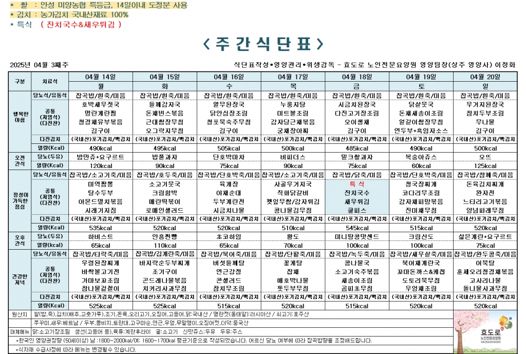 2025년 4월 3째주 식단표