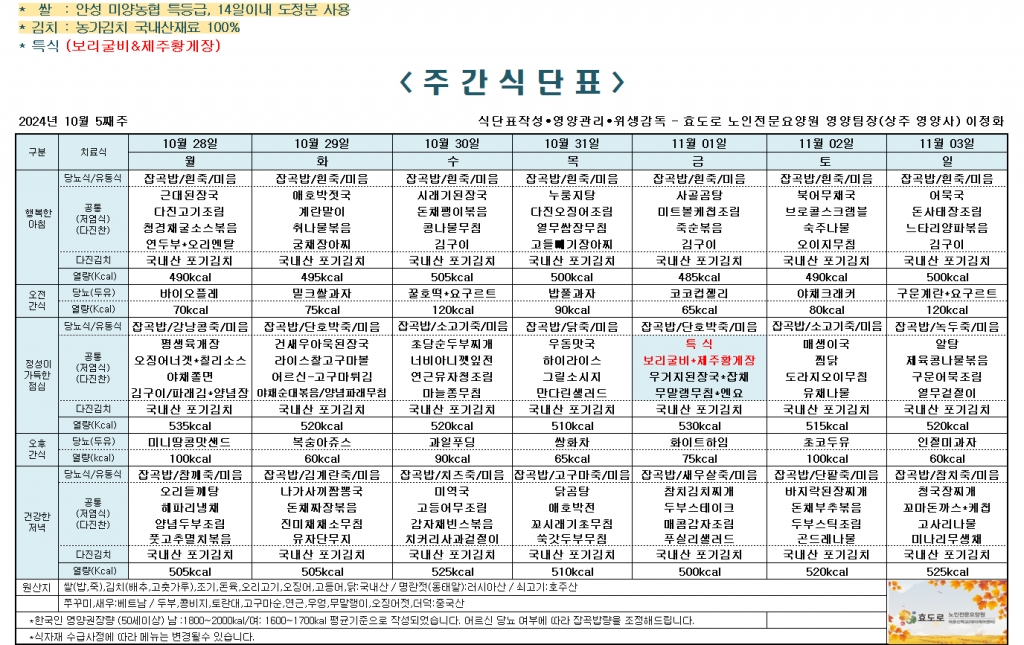2024년 10월 5째주 식단표