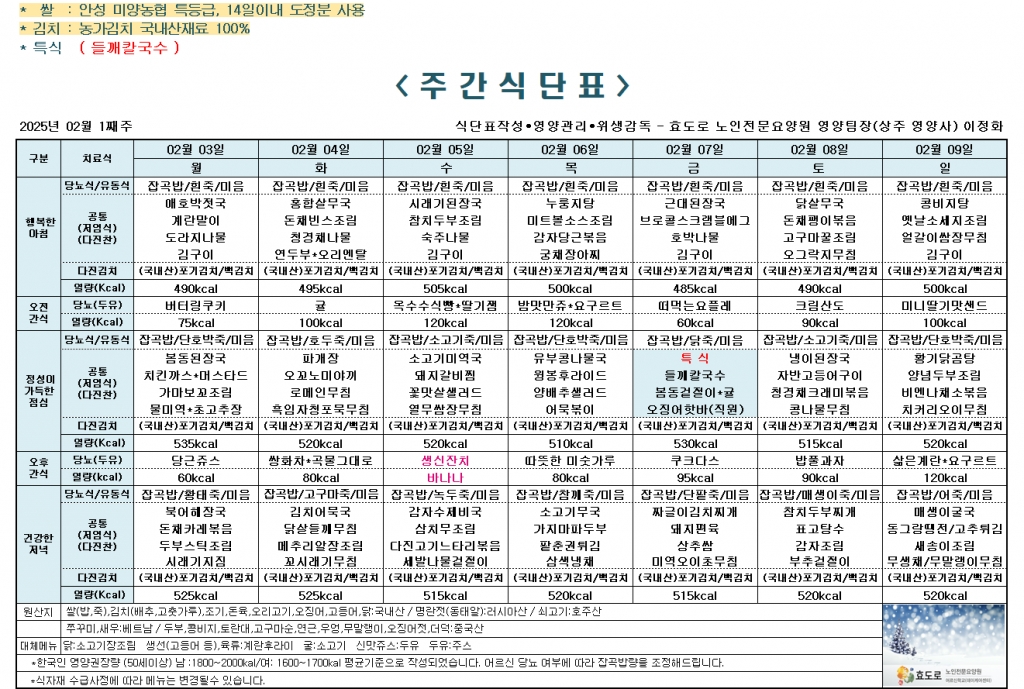 2025년 2월 1째주 식단표