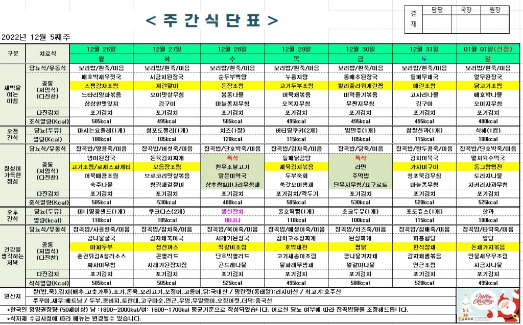 2022년 12월 5째주 식단표