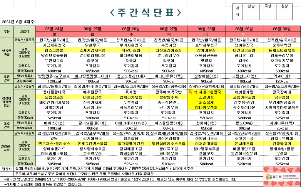 2024년 6월 4째주 식단표