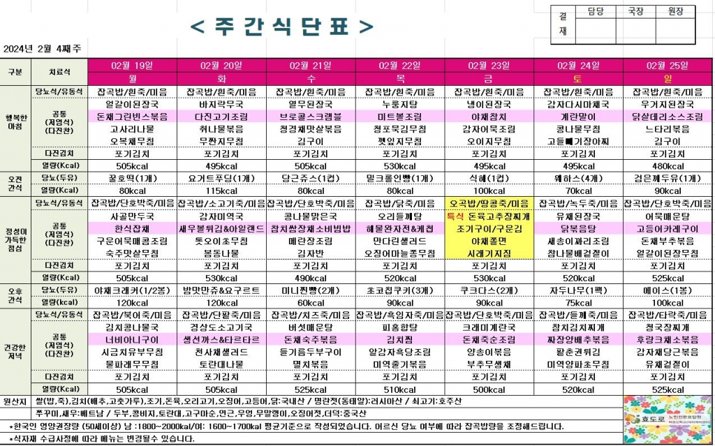 2024년 2월 4째주 식단표