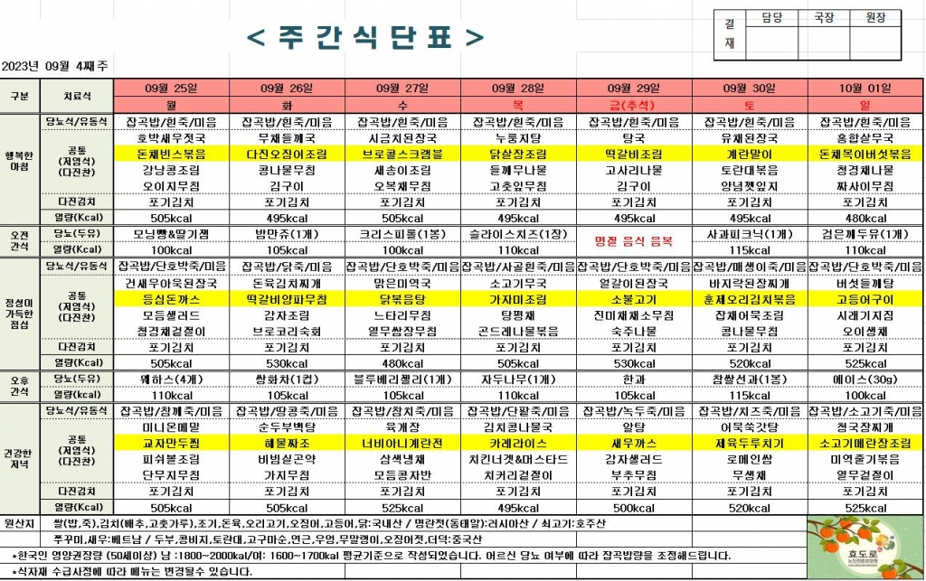 2023년 9월 4째주 식단표