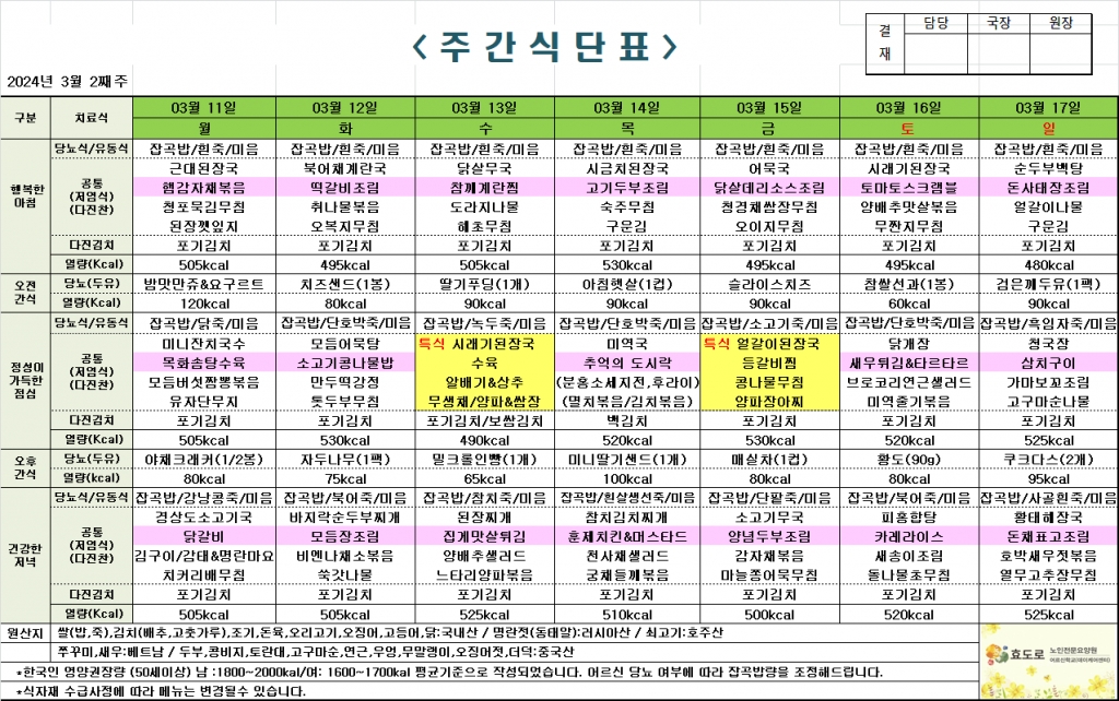 2024년 3월 2째주 식단표