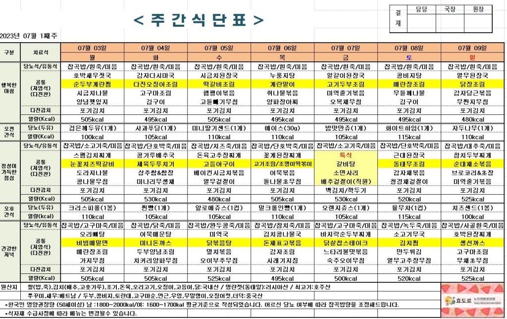 2023년 7월 1째주 식단표