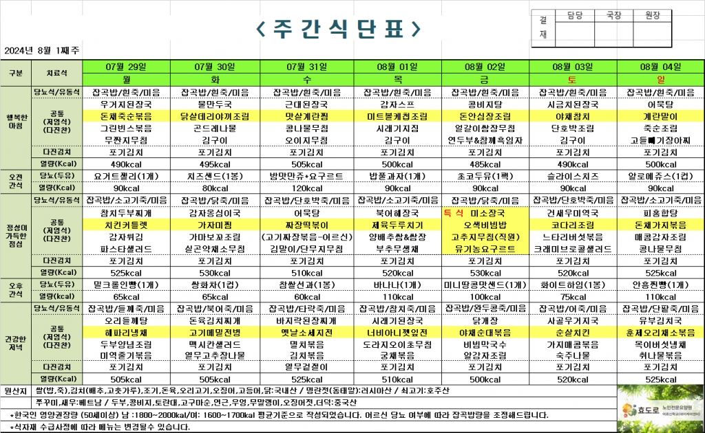 2024년 8월 1째주 식단표