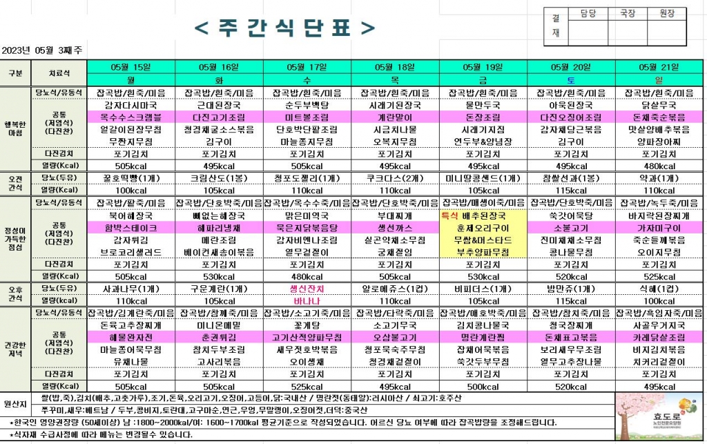 2023년 5월 3째주 식단표